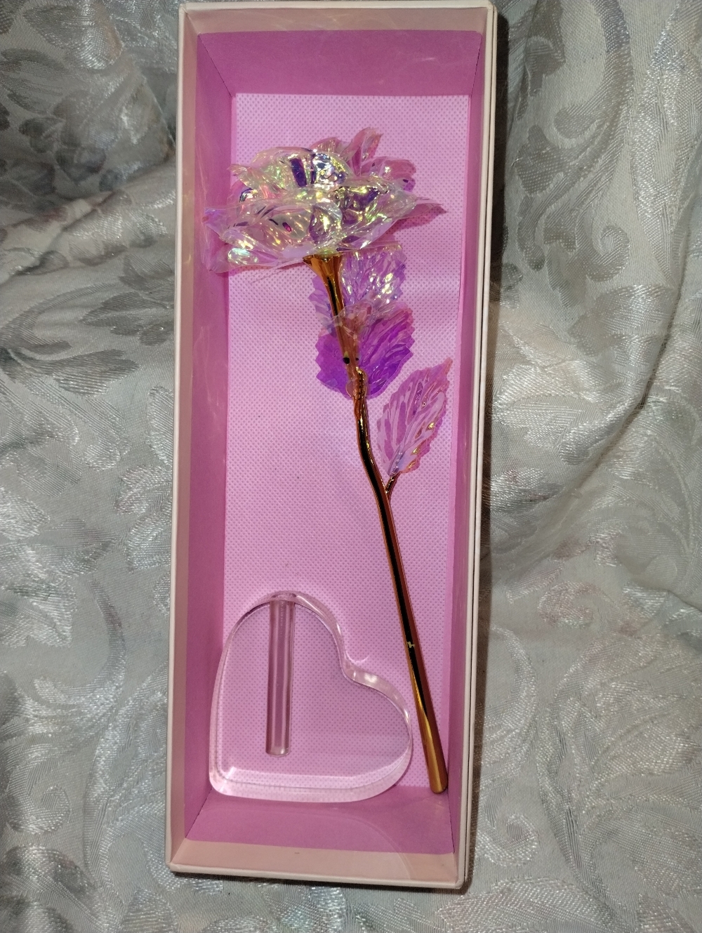 "24K Gold Foil Iridescent Galaxy Rose with Heart Stand – Gift Box Included